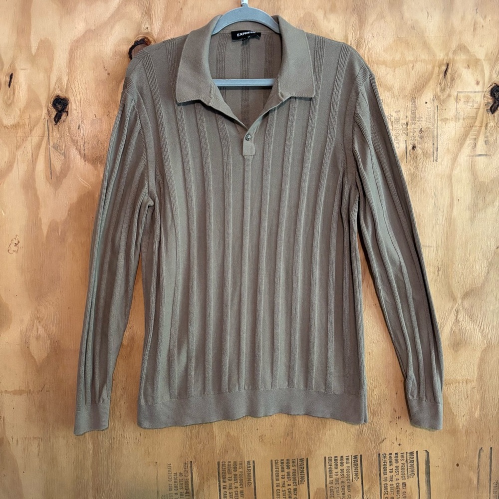 Express Knit Collared Pullover Sweater Tan Beige Sz L 100% Cotton